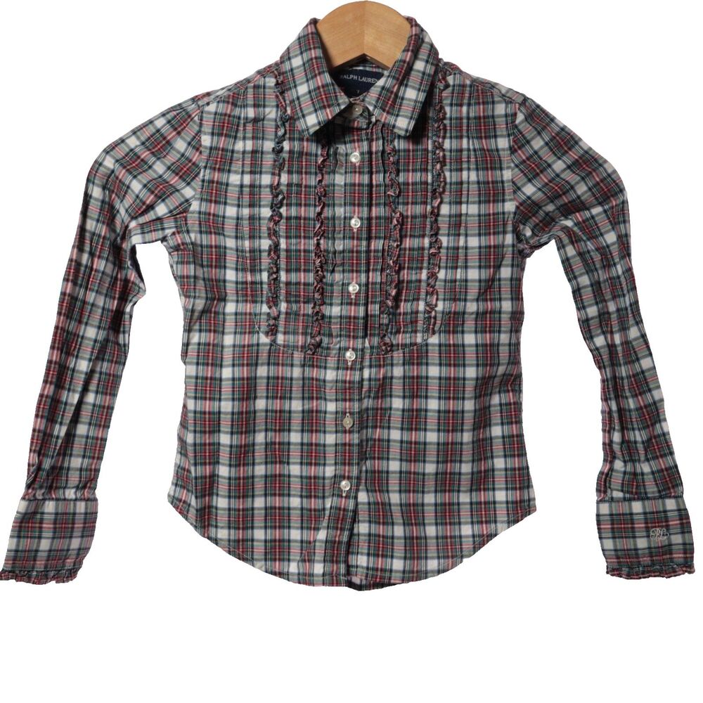 Ralph Lauren Girls 7 Shirt Ruffled Placket Plaid Long Sleeve Cowgirl Western